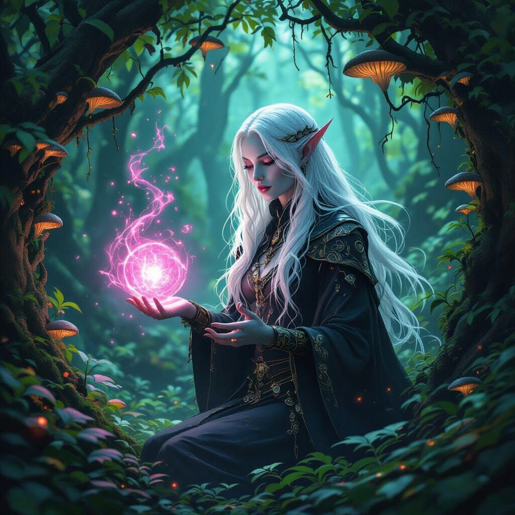 Mysterious Albino Drow Sorceress Casting Pink Energy Spell