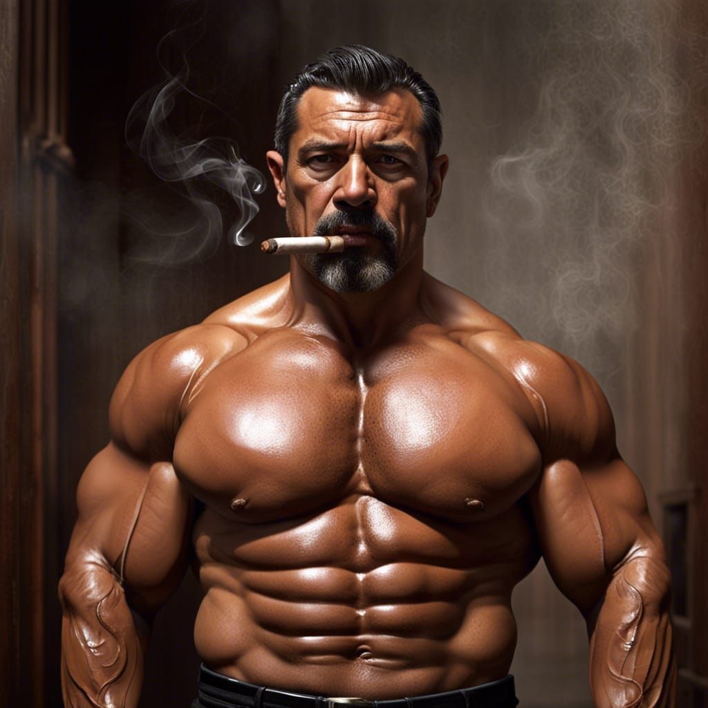 Muscular Mexican Security Man Smoking a Cigar