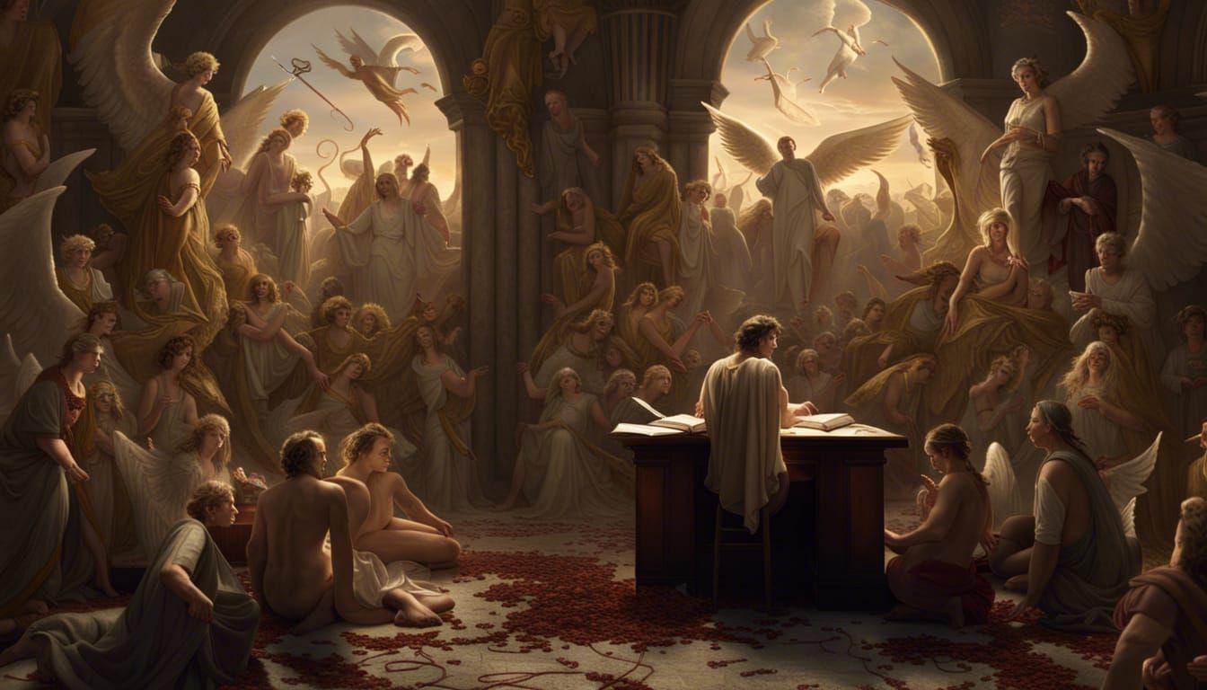 Scribe Between Angels and Demons: Detailed Matte Painting