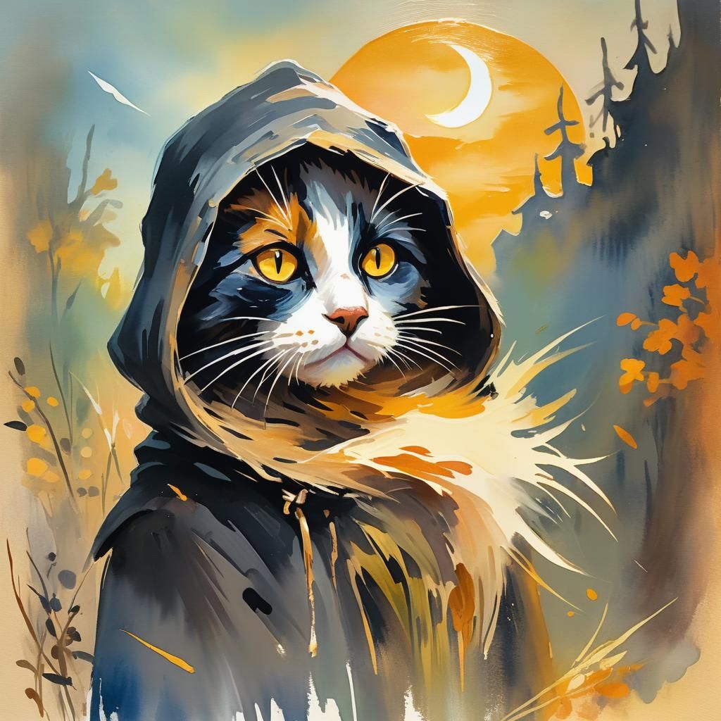 Grim Reaper and Kitty Cat: Gouache Impressionist Painting