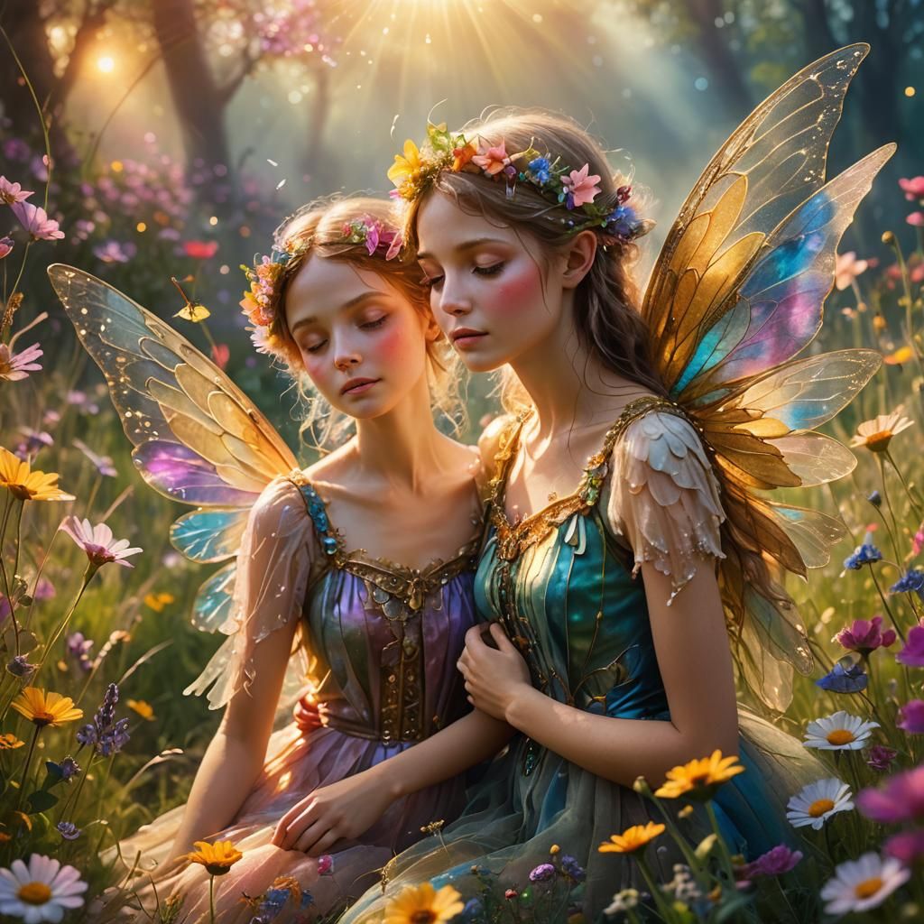 Fairies in Sunlit Meadow with Broken Wing