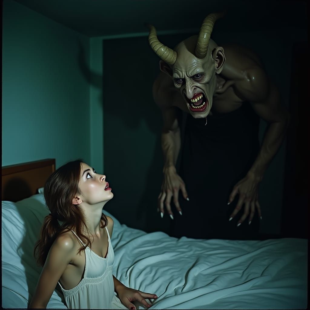 Terrified Woman and Grotesque Demon in Bedroom