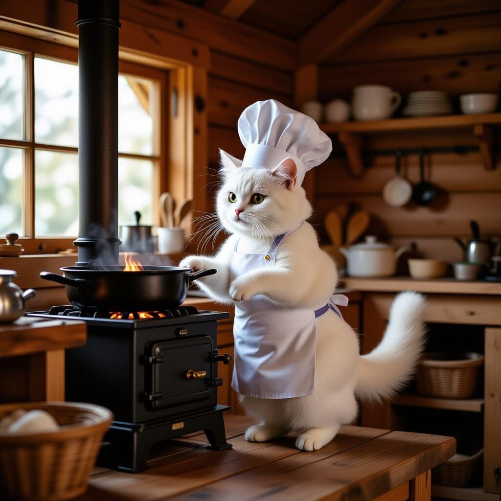 Cute Cat Chef Cooks in Cozy Cabin, Whimsical Forest Style