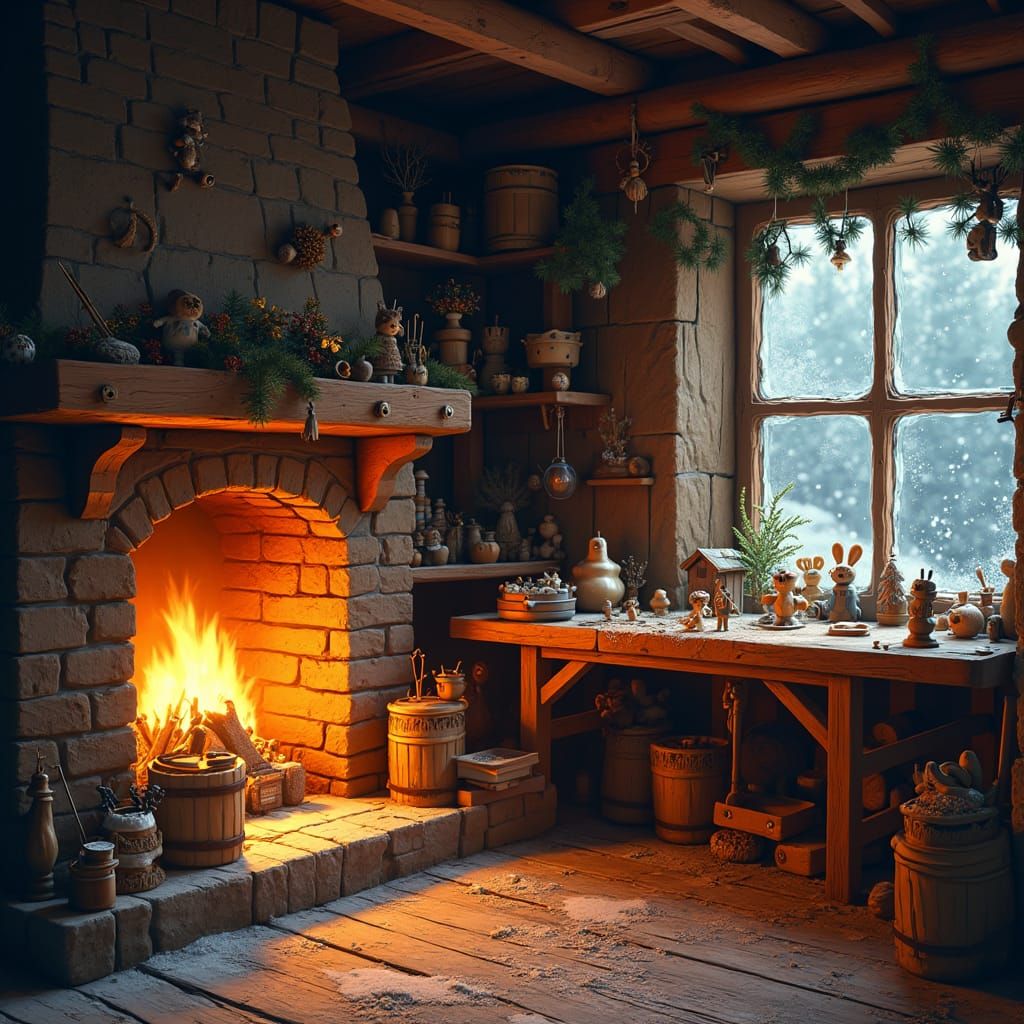 Santa's Workshop: Cozy Fireplace in Matte Painting Style