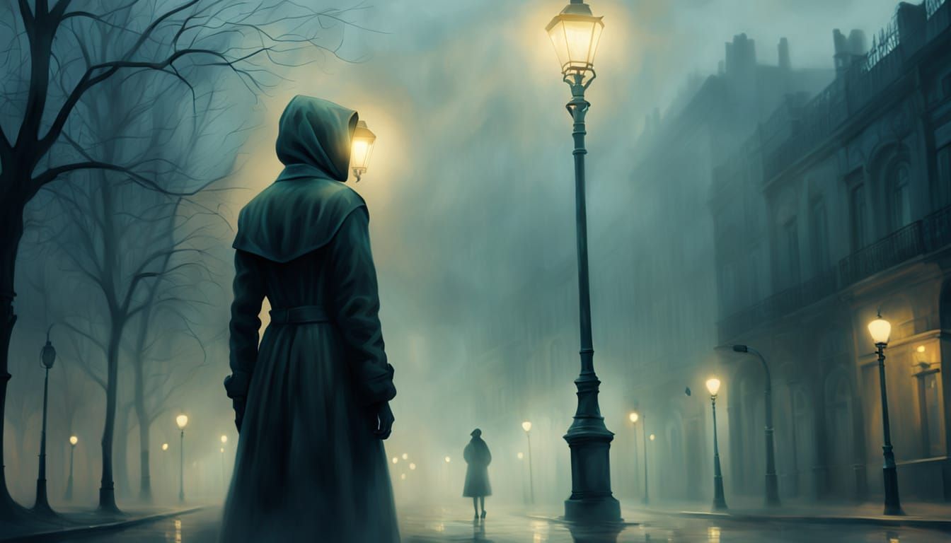 Eerie Figure in Streetlight: Surreal Oil Painting