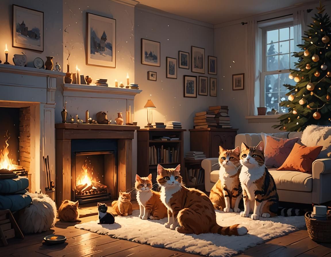 Cozy Cat Family by Fireplace: Digital Painting