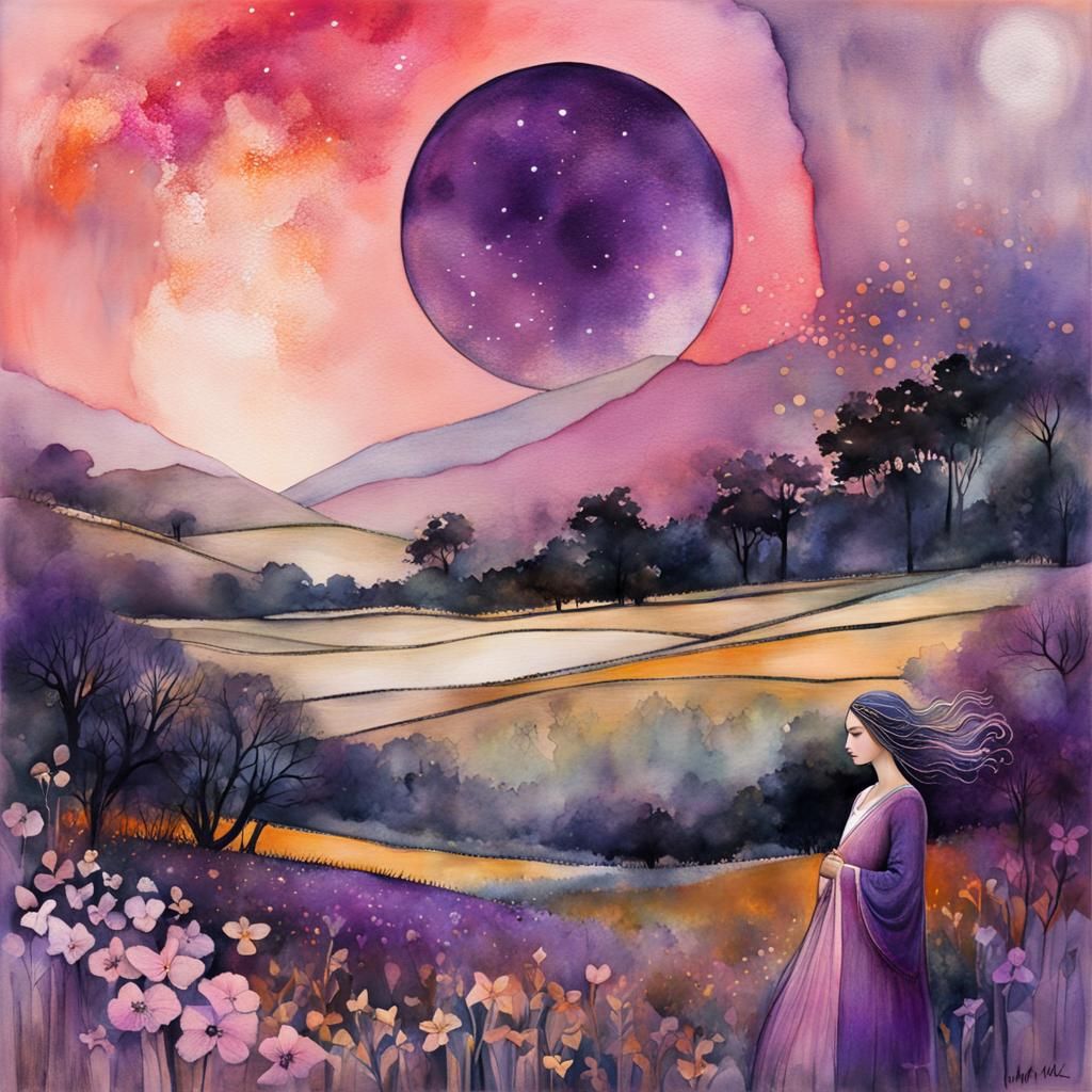 Layered Watercolor Illustration of Woman in Countryside