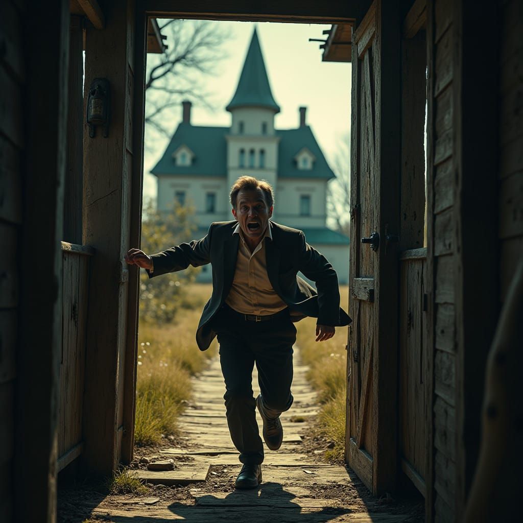 Man Fleeing from Abandoned House in a Creepy, Atmospheric Sc...