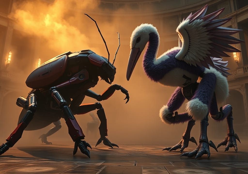 Mantis Mech Battles Furry Goose Mech in Coliseum