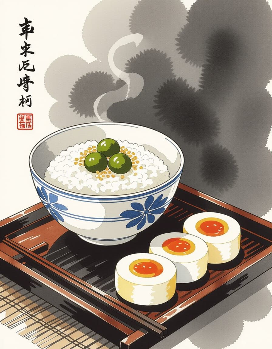 Minimalist Zen Breakfast in Japanese Ink Wash Style