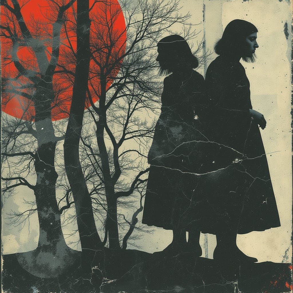 Surreal Double Exposure of Witches in Trees