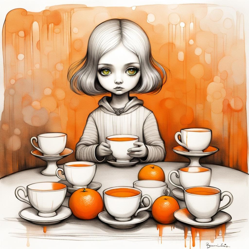Girl with Big Eyes Among Huge Cups and Oranges