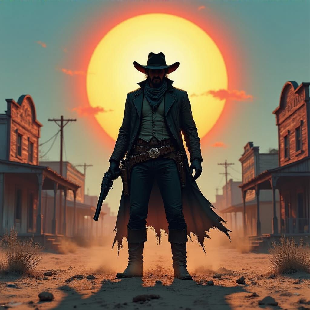 Gunfighter Silhouetted Against Blazing Sun in Western Town