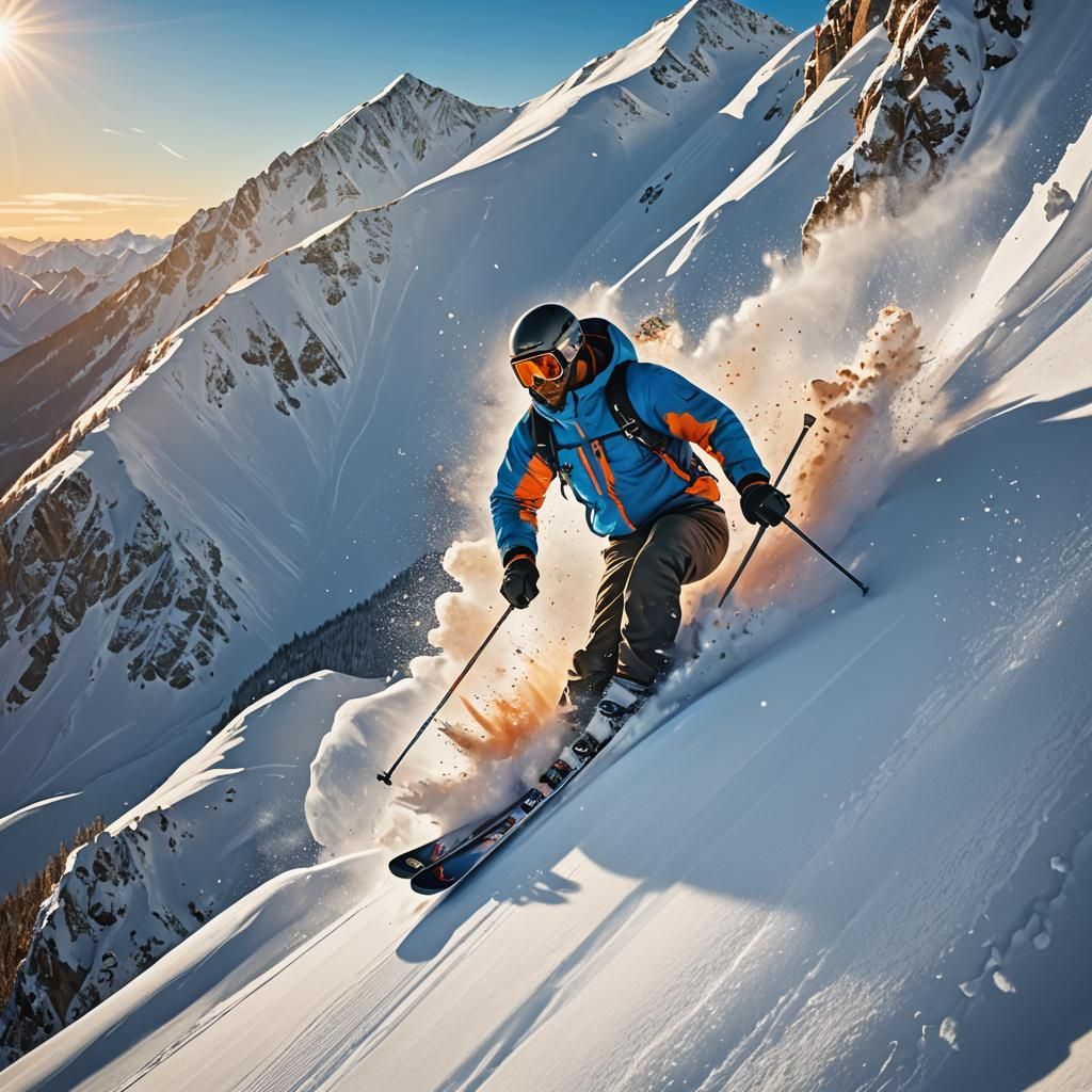 Skier on Snowy Mountain Chute Illustration