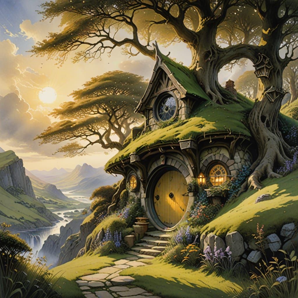 Whimsical Hobbit House Amidst Emerald Hillside with Twisted ...