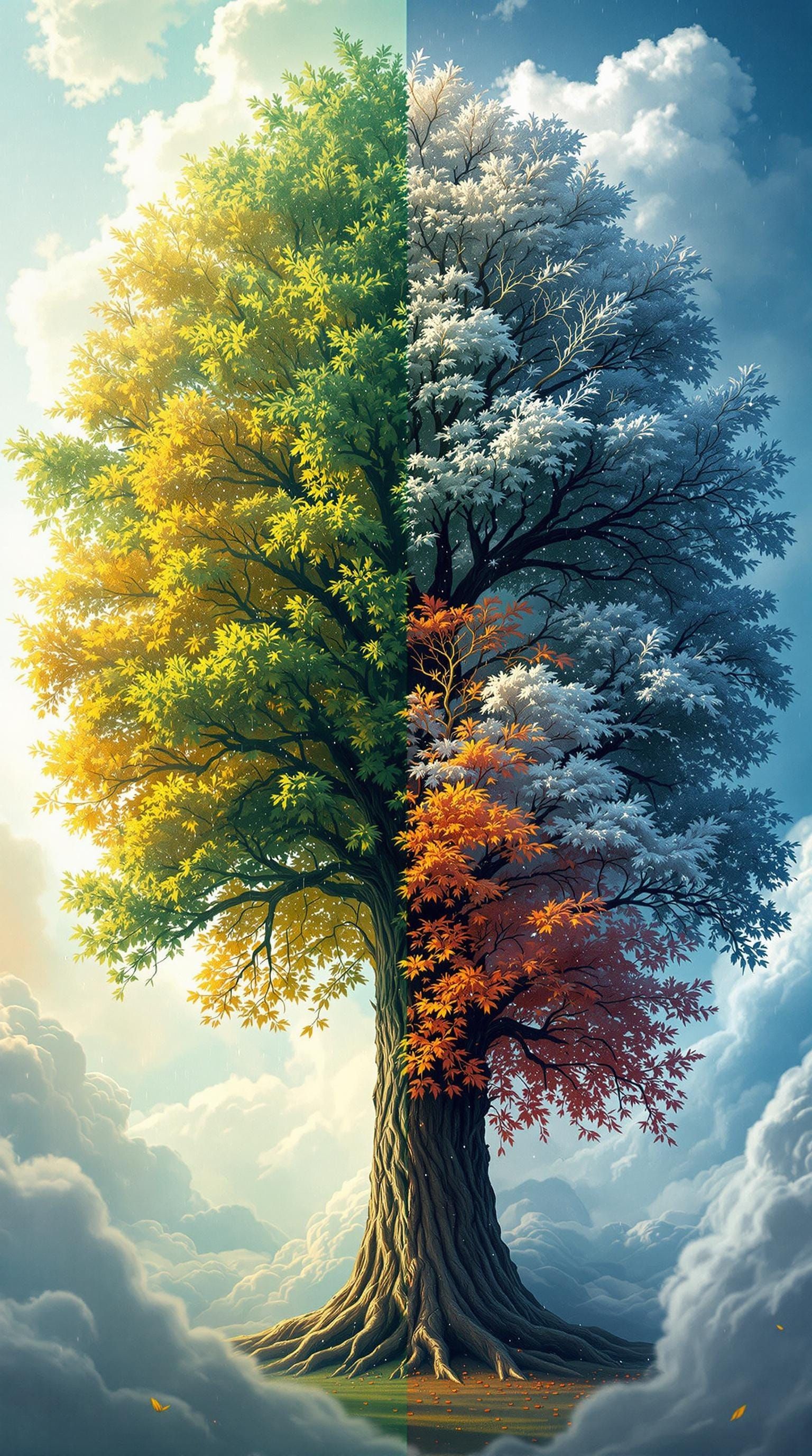 Majestic Tree Amidst Surreal Seasonal Landscape