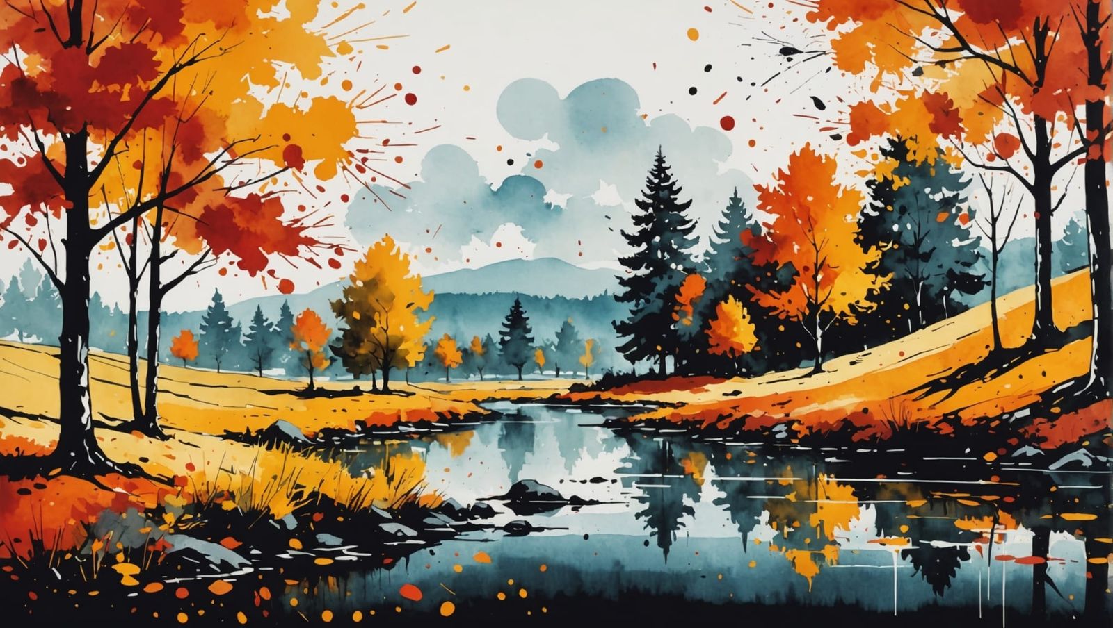 Autumn Landscape in Ink Splatter Art