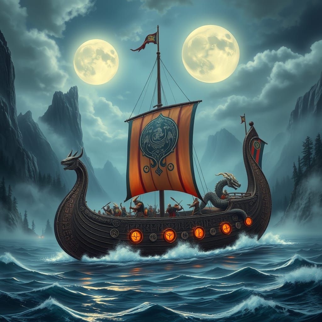 Viking Longship Under Glowing Moon
