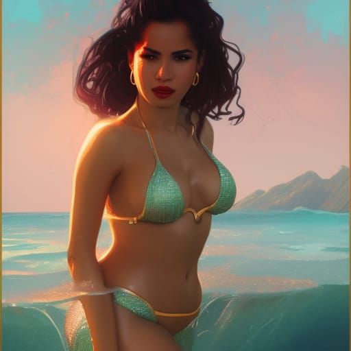 selena quintanilla mermaid in a tight bikini, 8k resolution concept art portrait by Greg Rutkowski, Artgerm, WLOP, Alpho...