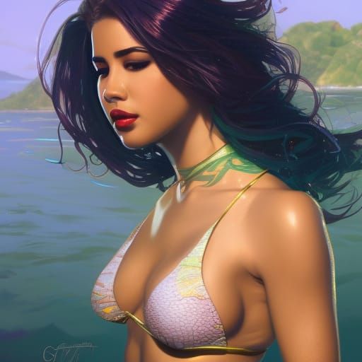 selena quintanilla mermaid in a tight bikini, 8k resolution concept art portrait by Greg Rutkowski, Artgerm, WLOP, Alpho...