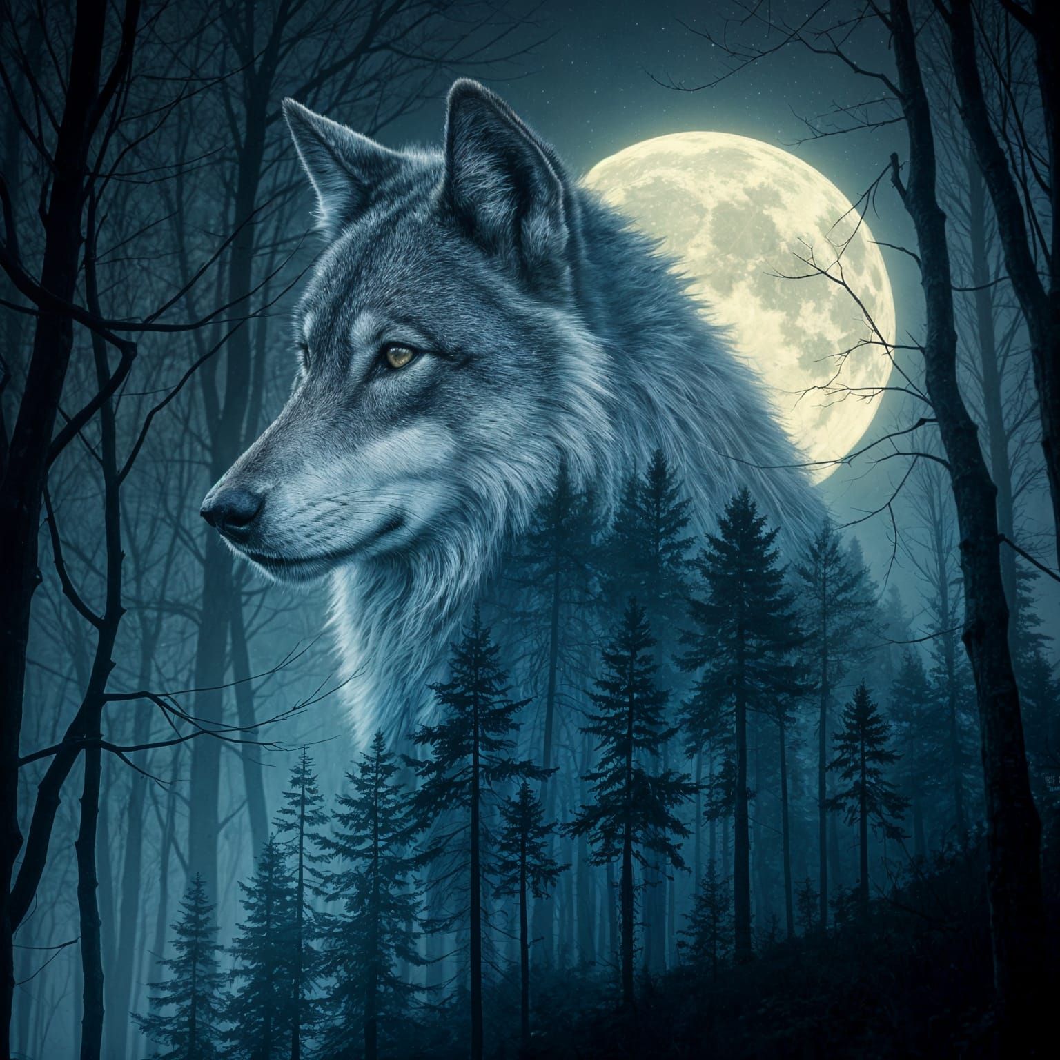 Wolf and Forest Double Exposure in Art Nouveau Style