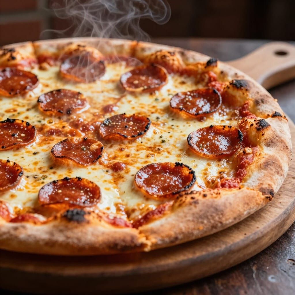 Hot Brick Oven Pepperoni Pizza, Photorealistic Macro Shot