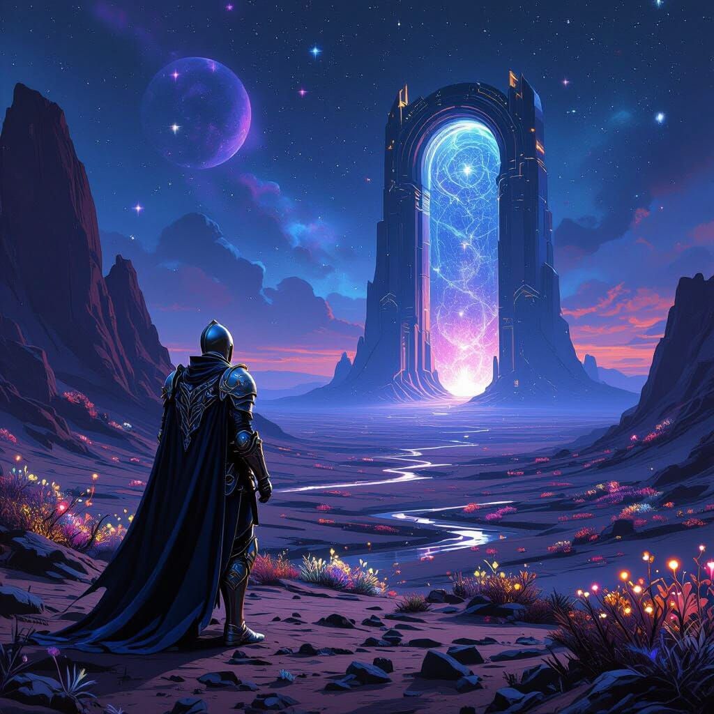 Knight Gazes at Cosmic Gateway on Alien World