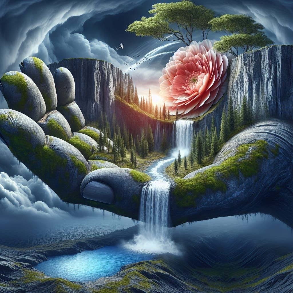 Surreal Stone Hand Holding Verdant Landscape