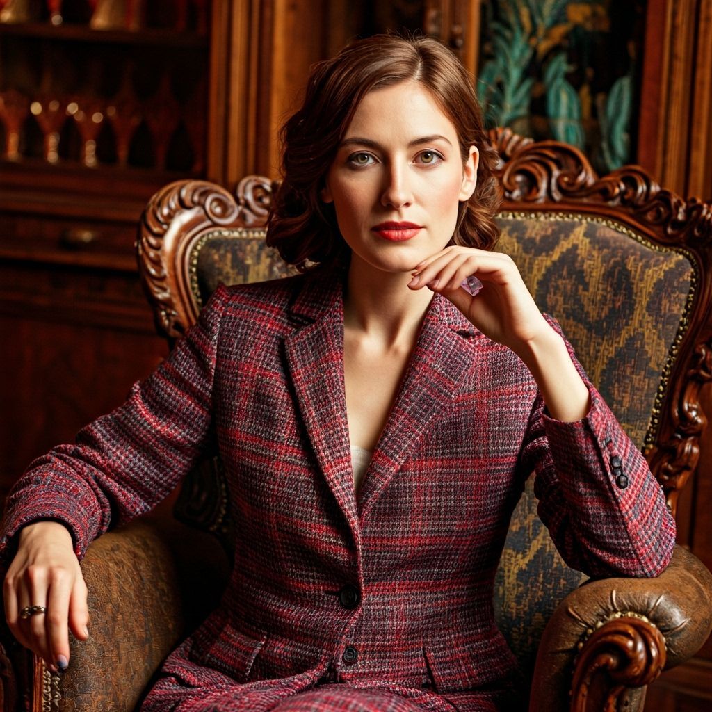 Woman in Gingham Jacket in Vintage Armchair
