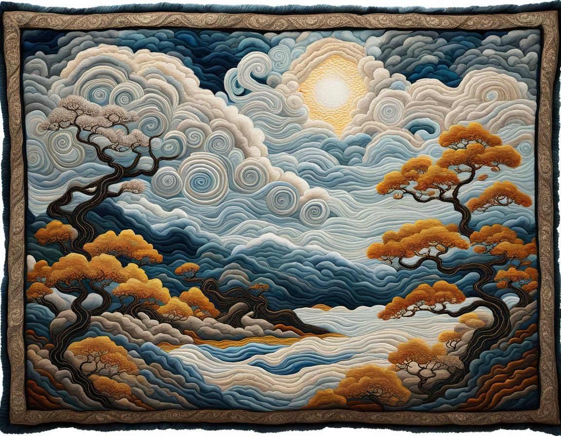 Bonsai Landscape in Opalescent Silk Tapestry