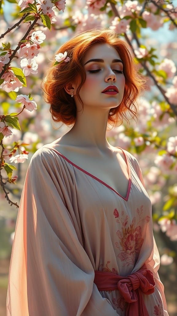 Serene Woman in Cherry Blossom Grove, Art Nouveau Style