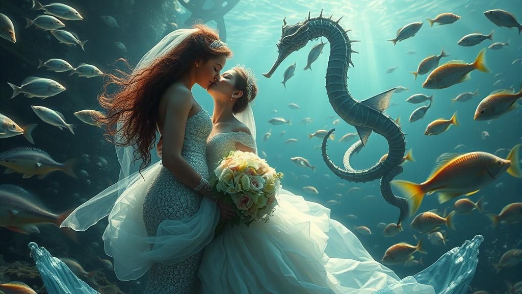Mermaids Kiss at Underwater Wedding Ceremony