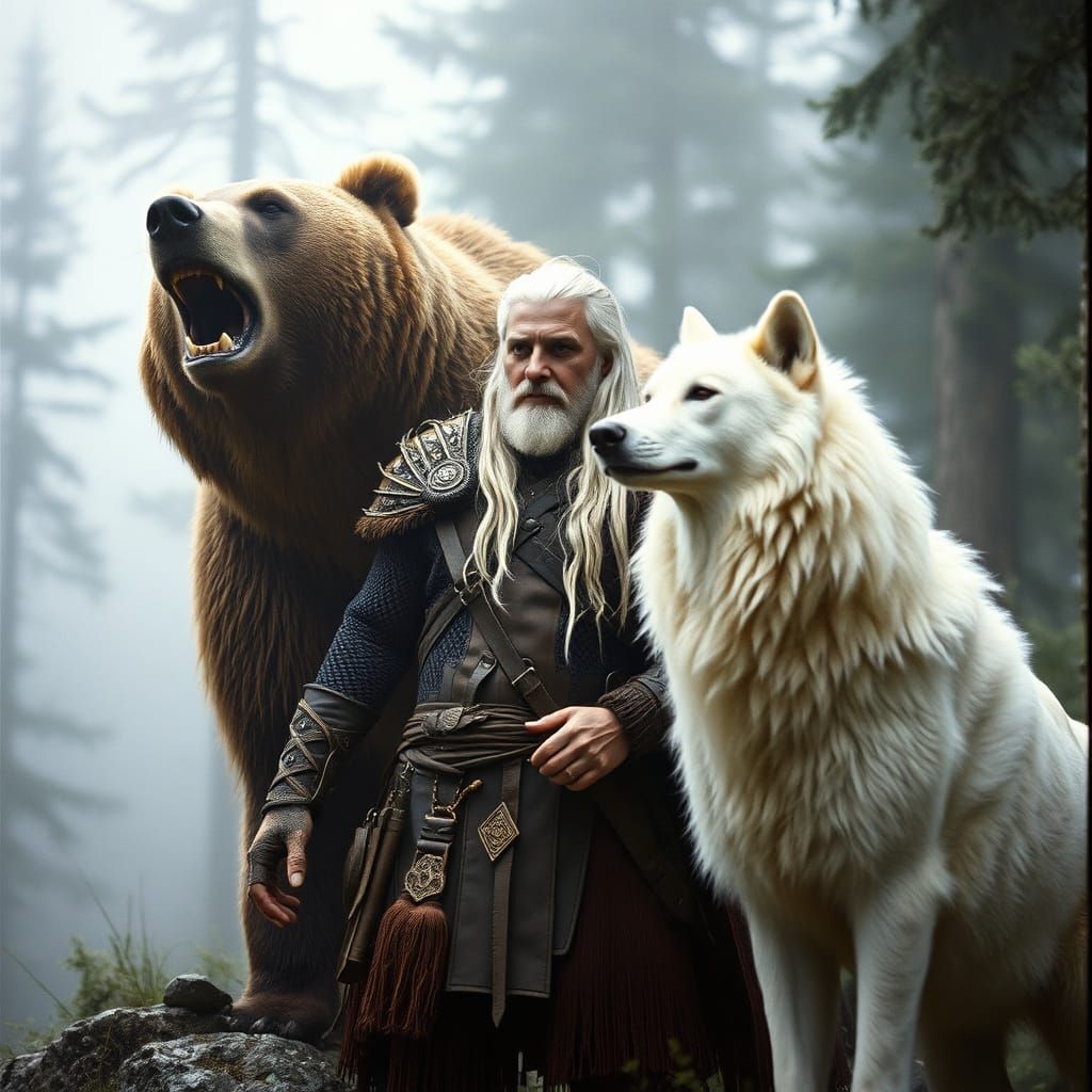 Nordic Warrior Surrounded by Majestic Creatures in the Misty...