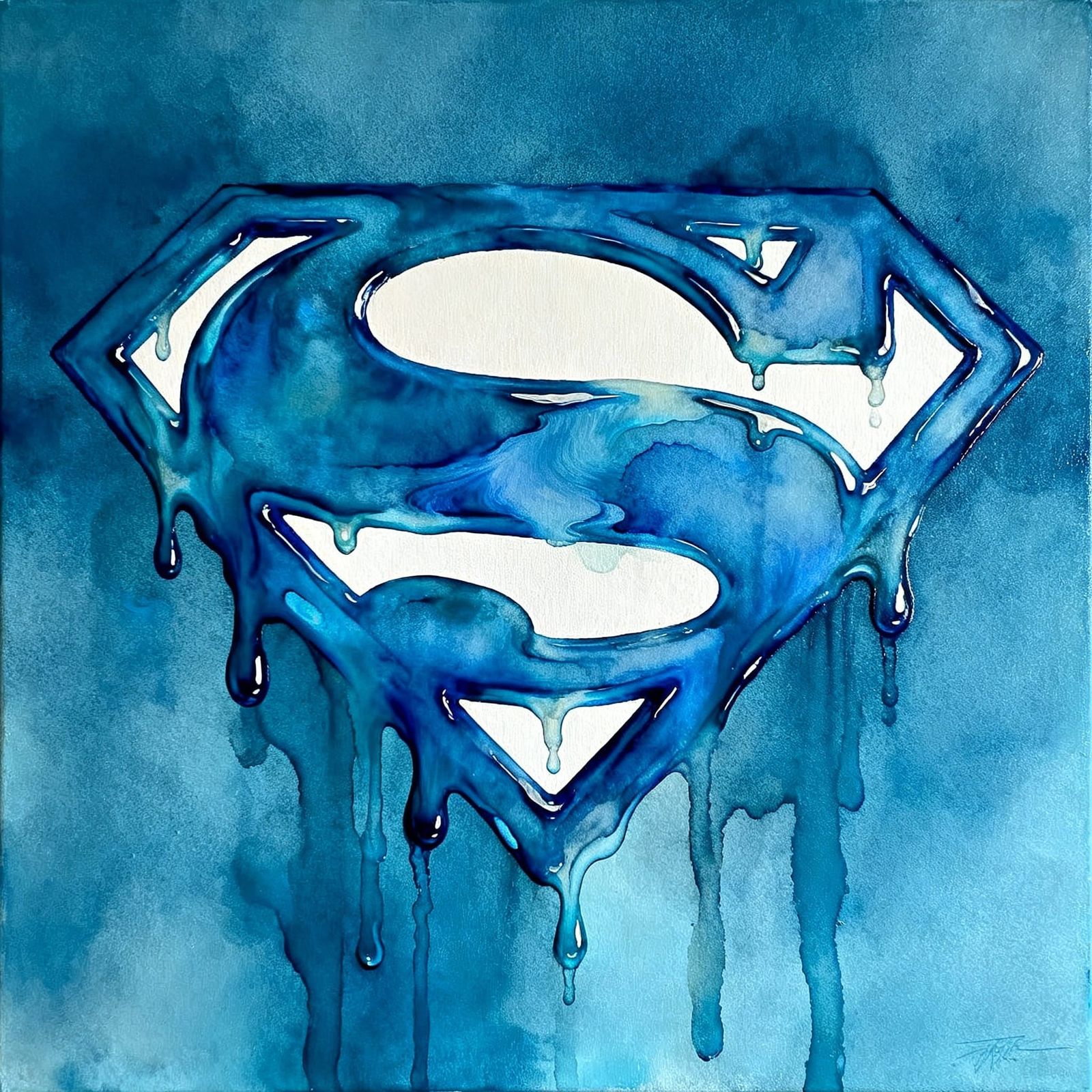 Surreal Melting Superman Symbol in Marine Blue