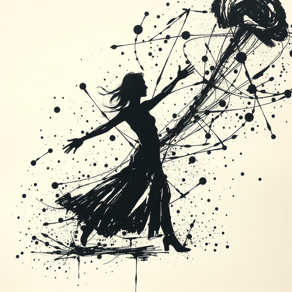 Dynamic Ink Splatter Dance in Abstract Expressionist Style