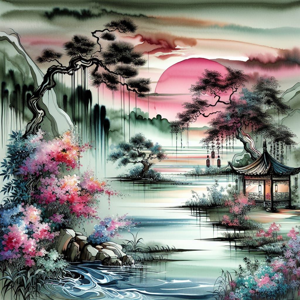 Petrichor in Asian Ink Style with Jade and Pink