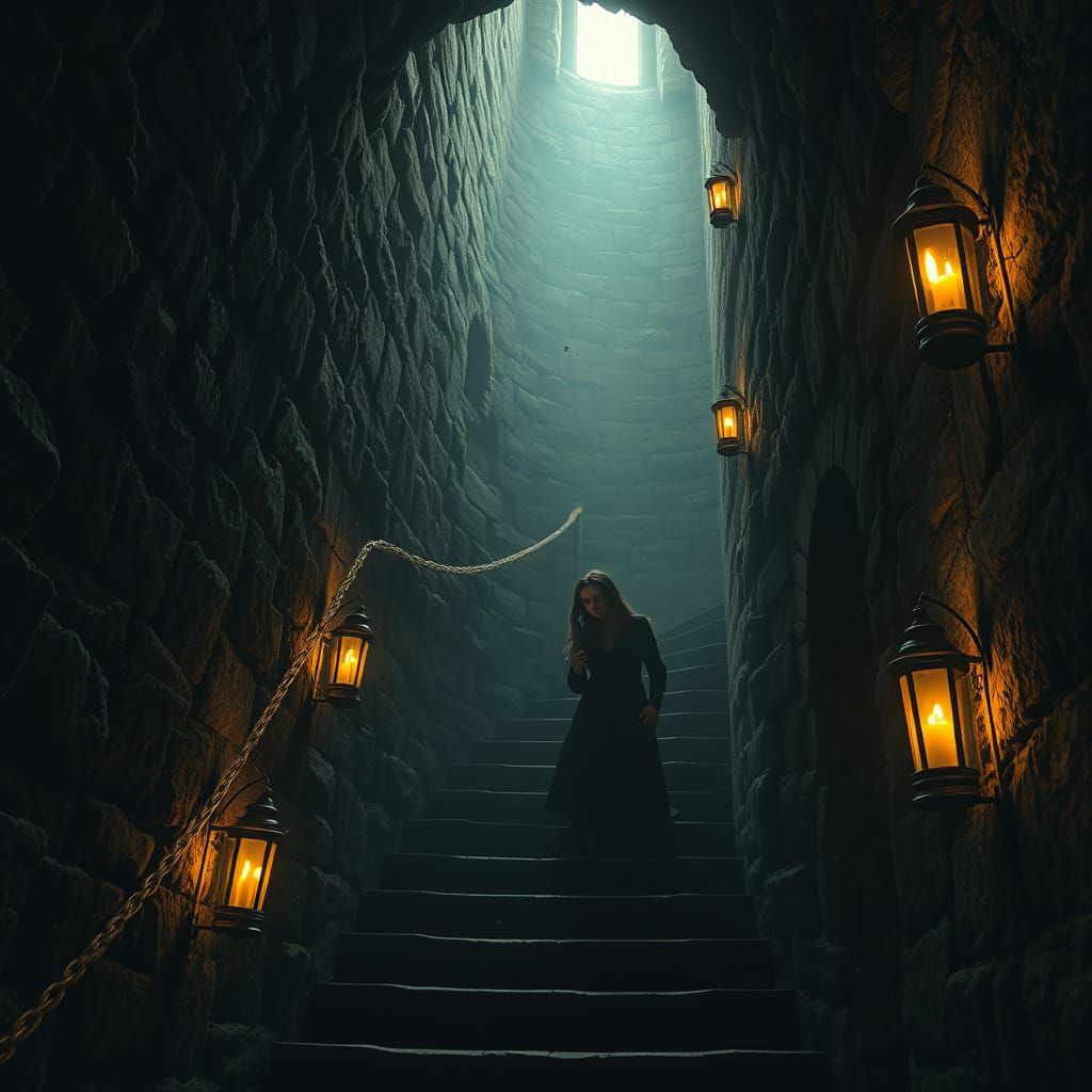 Woman Descending Ancient Spiral Staircase in Ominous Style