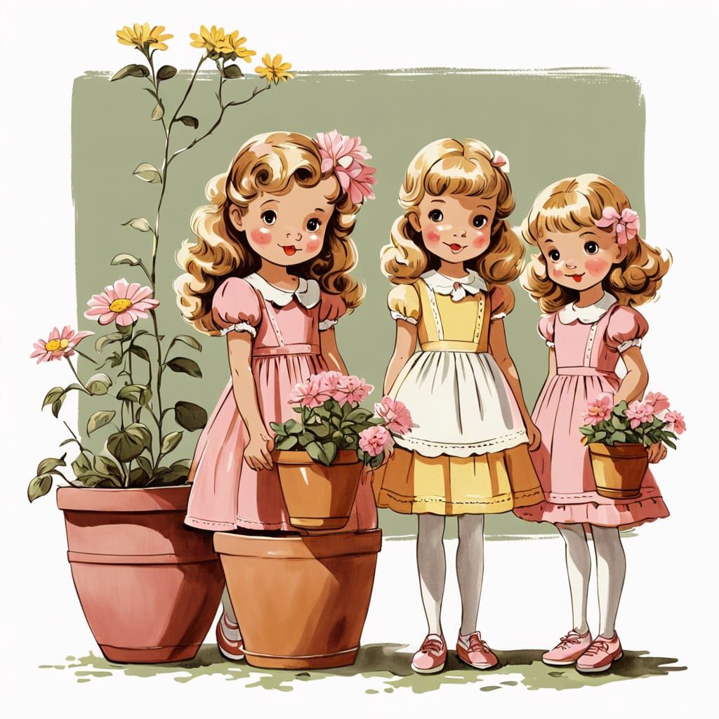 Cute Vintage Cartoon Girls in Classic Cartoon Style
