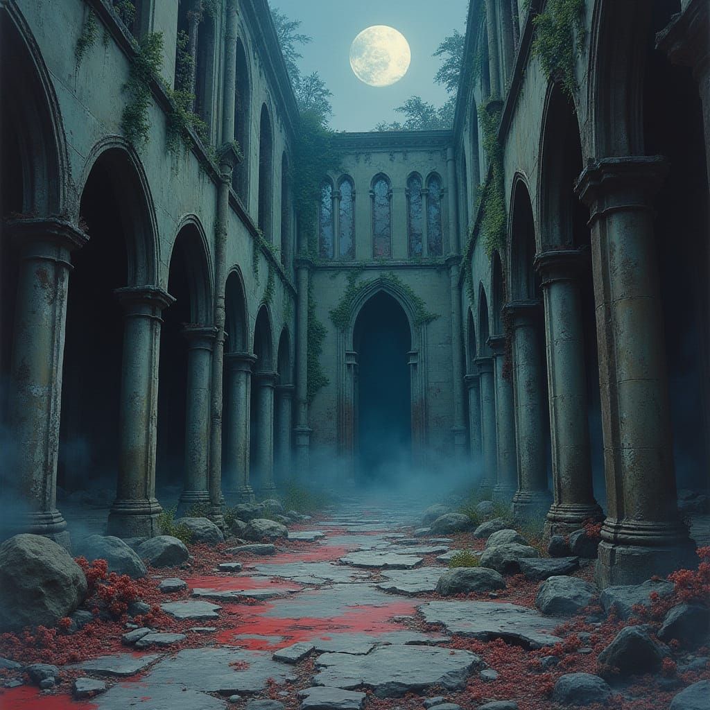 Eerie Gothic Ruins in Dark Watercolor Style
