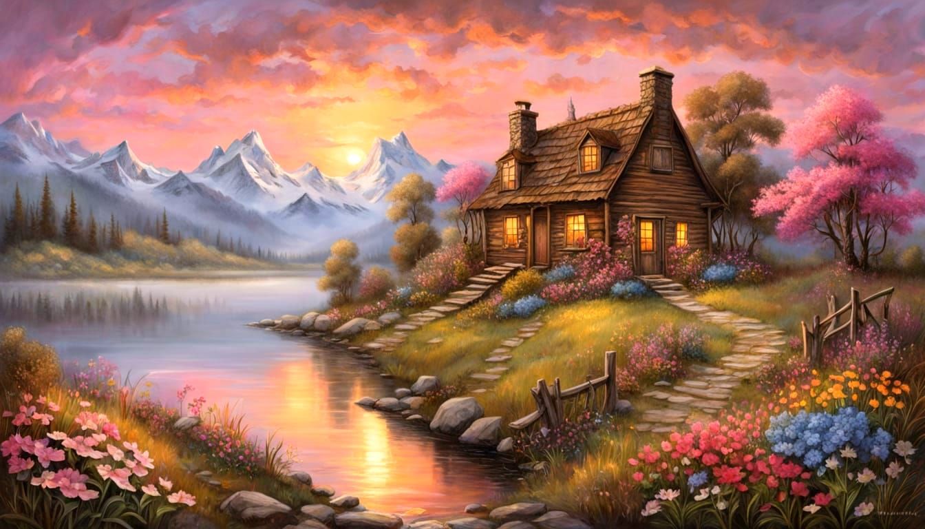 Cozy Lakeside Cabin at Pink Sunset