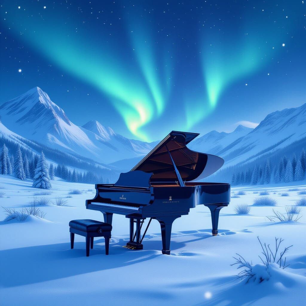 Piano in Snowy Field Under Aurora Borealis