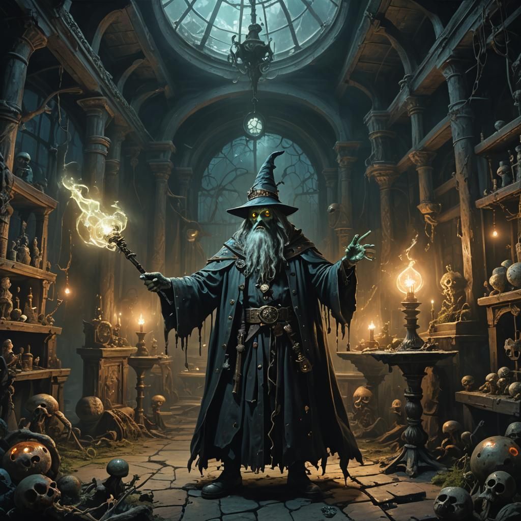 Zombie Wizard in Eerie Laboratory, Fantasy Art