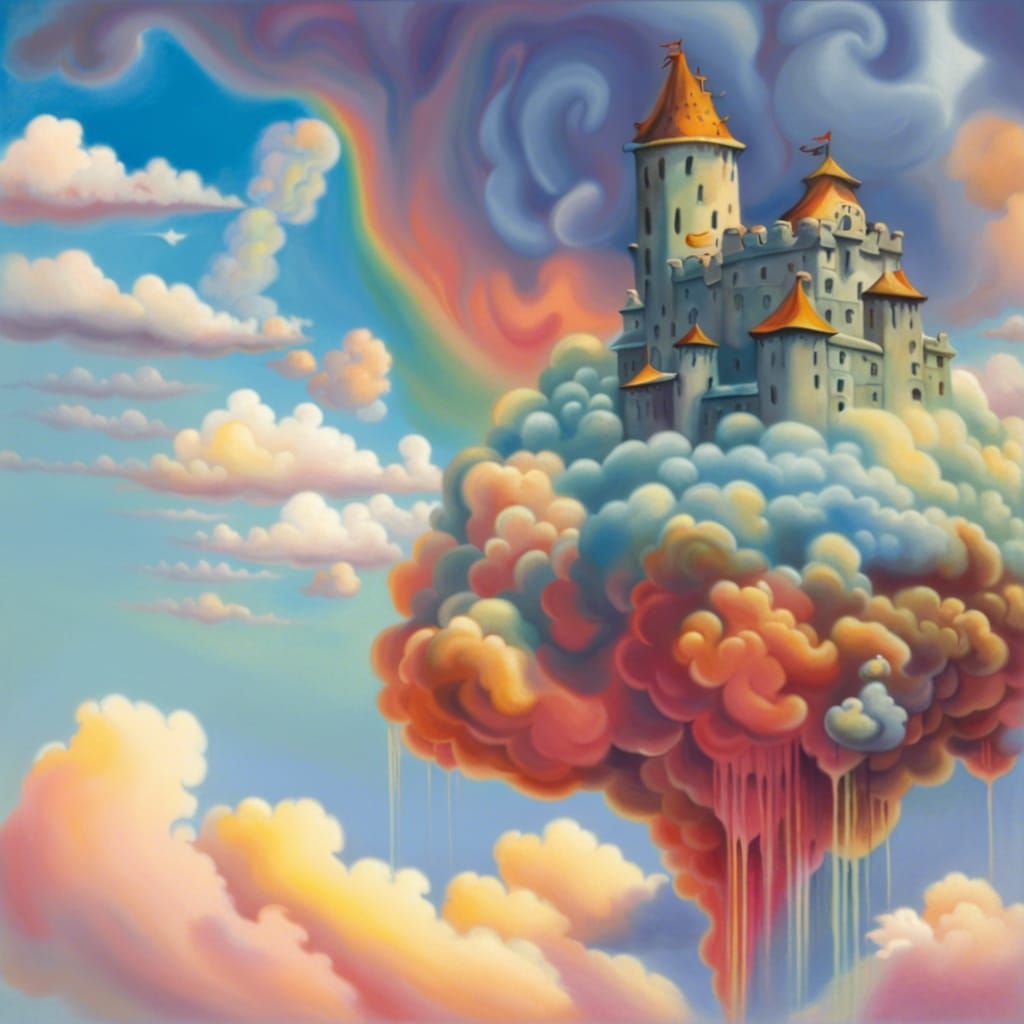 Anime Castle in the Sky: a Surrealist Oil Painting
