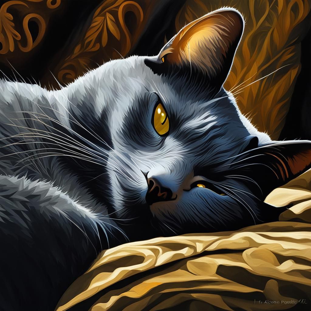 Gray Korat Cat Napping in Gouache Style