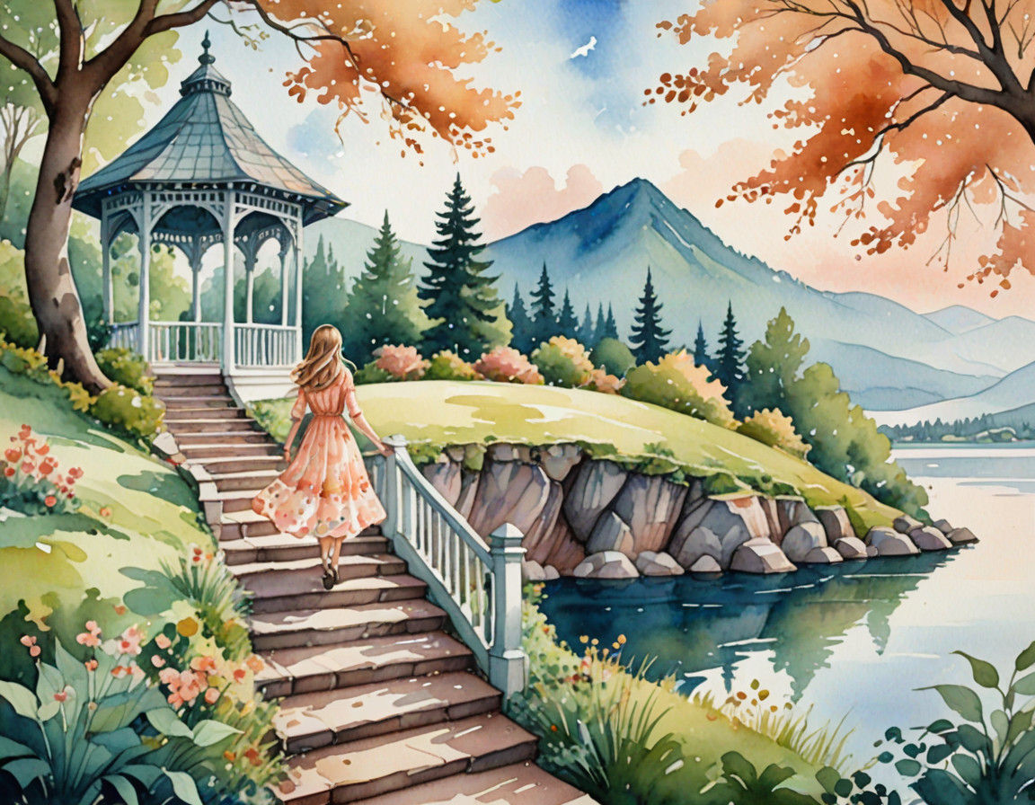 Watercolor Whimsy: Young Girl Climbs Gazebo Stairs