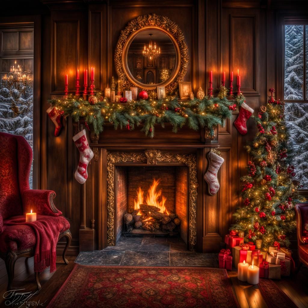 Maximalist Christmas Scene with Stockings and Holly