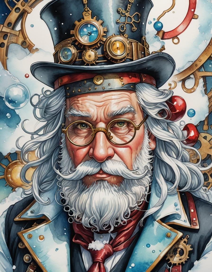 Steampunk Santa Portrait in Watercolor Pencil Style