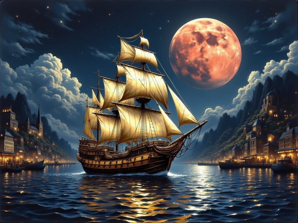 Golden Galleon Enters Medieval Port Under Crimson Moon