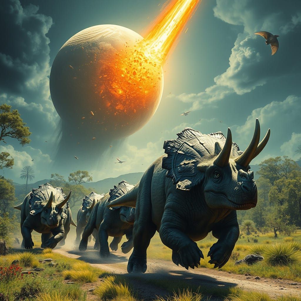 Dinosaurs Flee in Panic as a Meteor Falls from the Sky