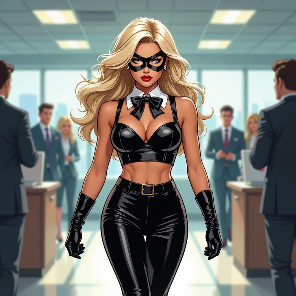 Athletic Blonde Woman in Vinyl Outfit Strides Through Office